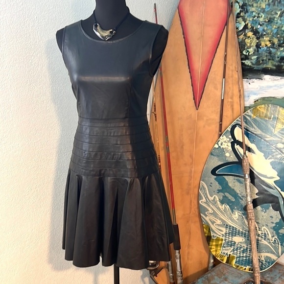 Neiman Marcus,Habitual Black Faux Leather Fit & Flare Banded Waist Dress,Size XS - Picture 12 of 14